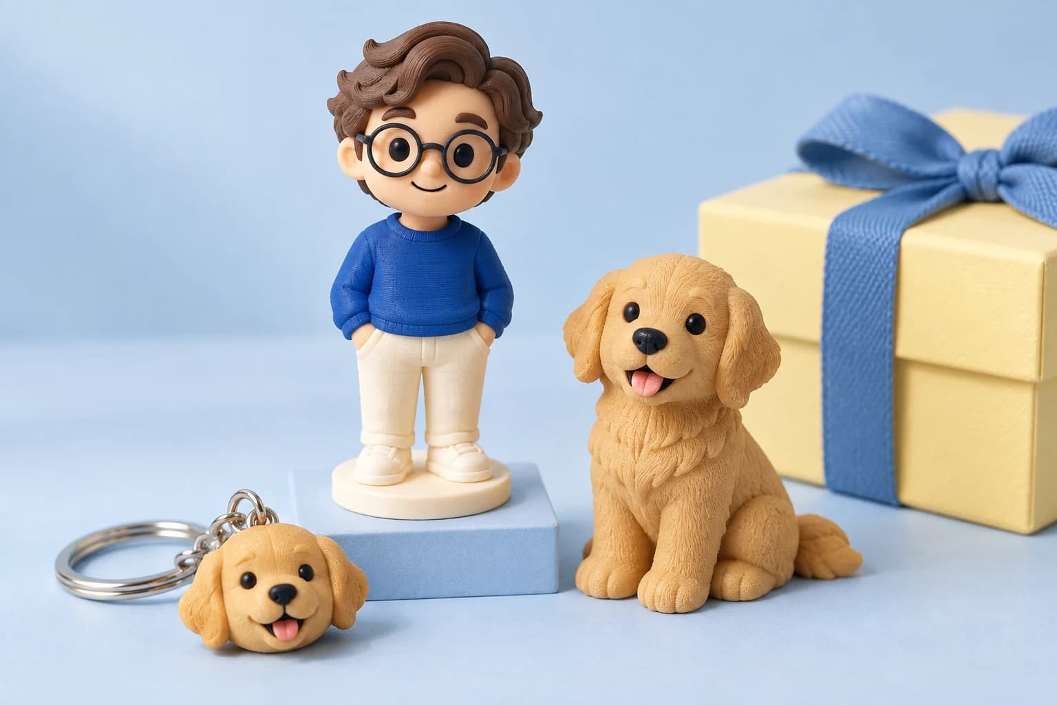 Personalizowana figurka chłopaka w niebieskiej bluzie, miniaturka psa i brelok ze zdjęcia
